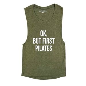 Luciana Ok, But First Pilates Graphic Green Muscle Tank Top